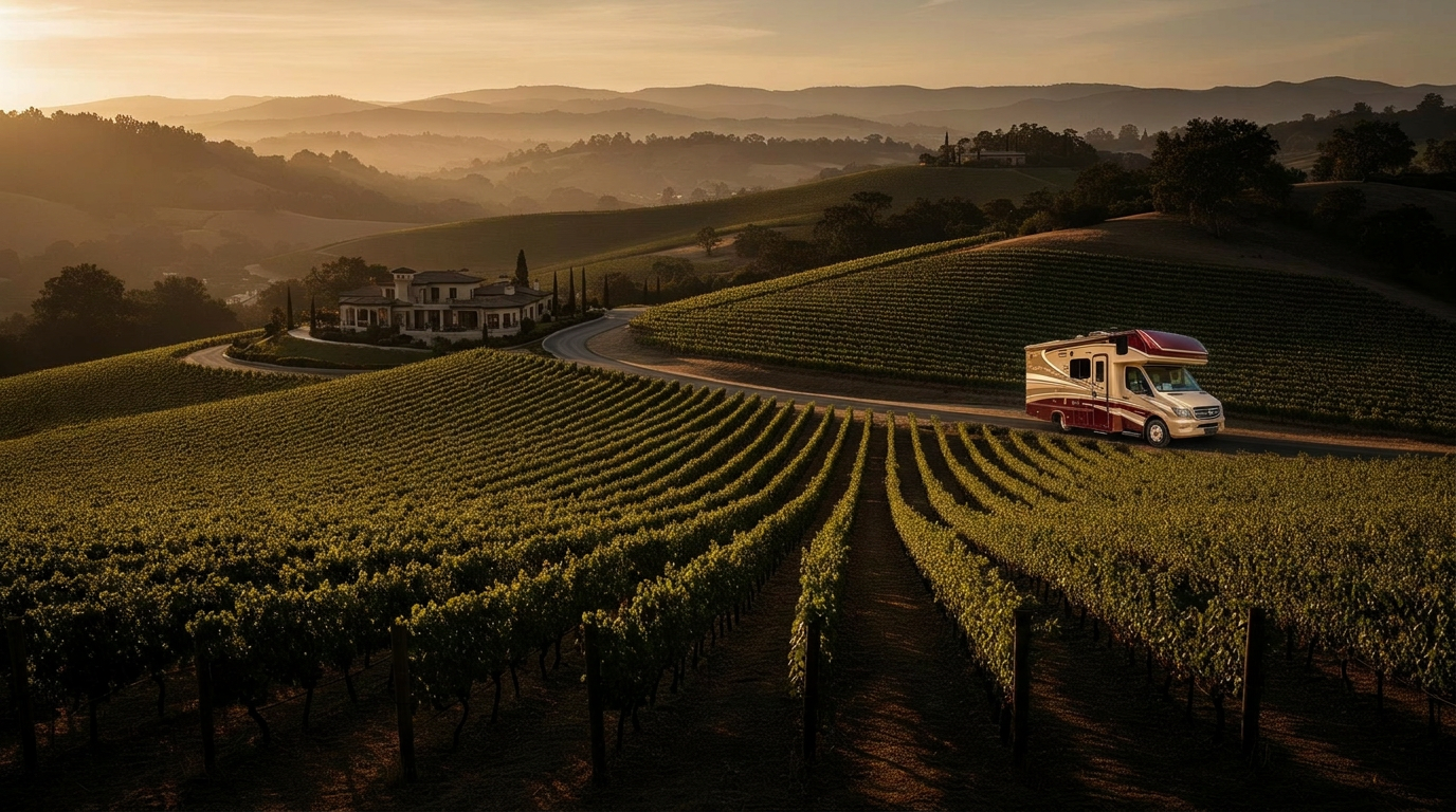 Luxury vineyard country at golden hour with a touring motorcoach